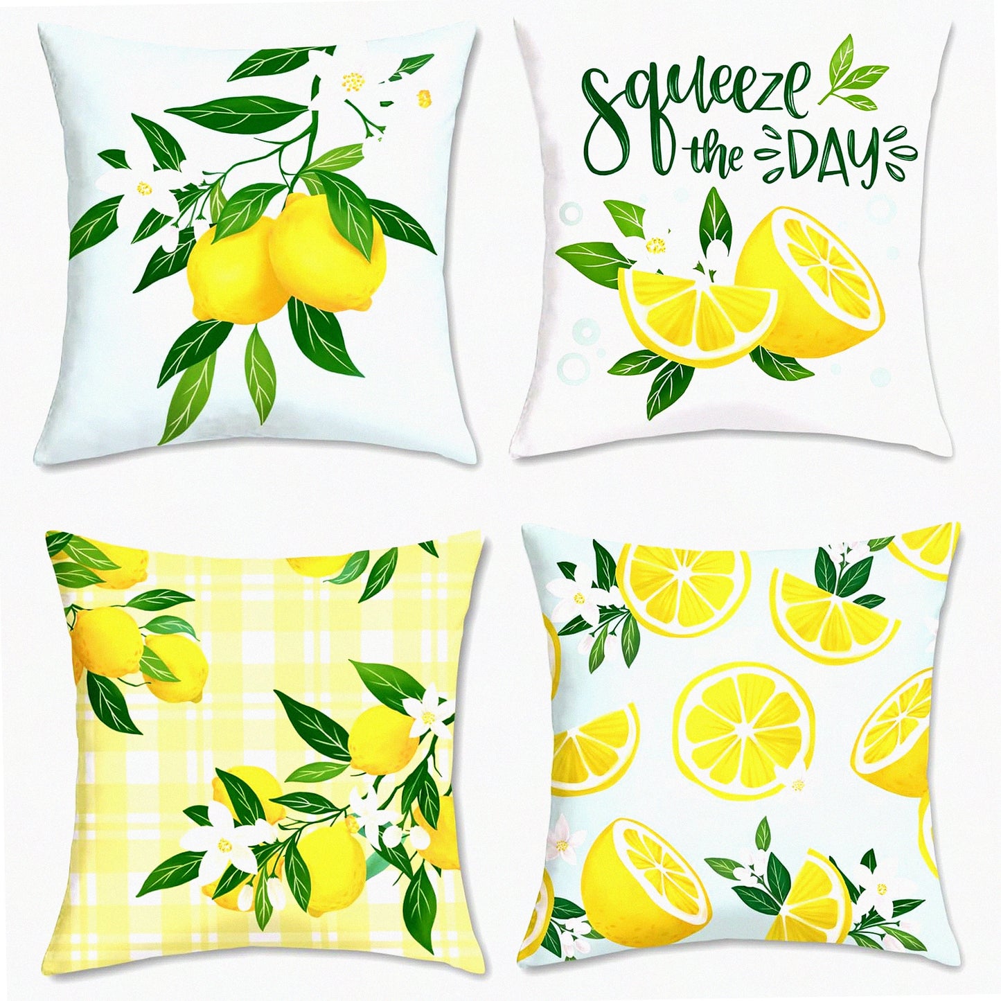 Summer Lemon Velvet Pillow Covers - Set of 4 Farmhouse Decorative Cushion Cases for Couch, Sofa, Patio & Garden Home Decor - 18 x 18 Inch Soft Fruit Theme