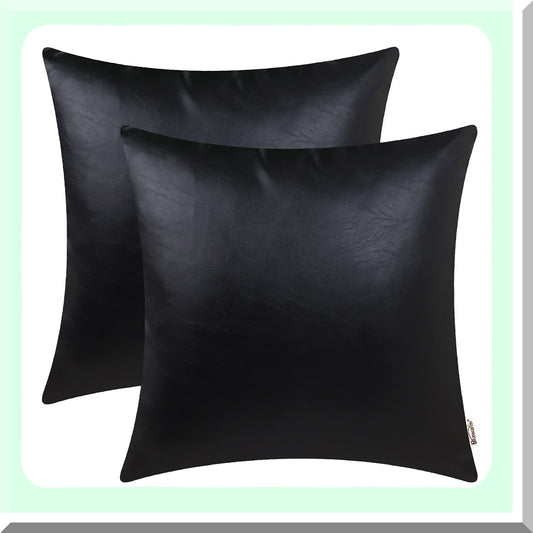 Black Leather Luxe Pillow Covers - Set of 2 | 18x18 Inch Solid Dyed Leather Pillowcases for Couch, Bed, Sofa, Garden - Home Decor Accent