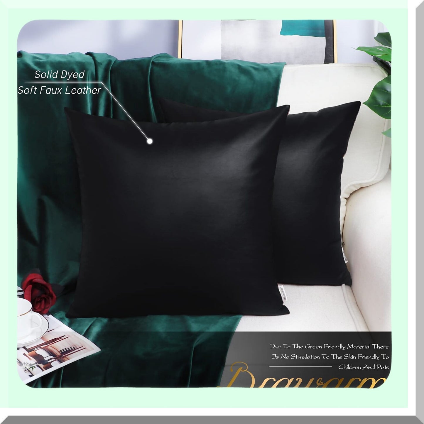 Black Leather Luxe Pillow Covers - Set of 2 | 18x18 Inch Solid Dyed Leather Pillowcases for Couch, Bed, Sofa, Garden - Home Decor Accent