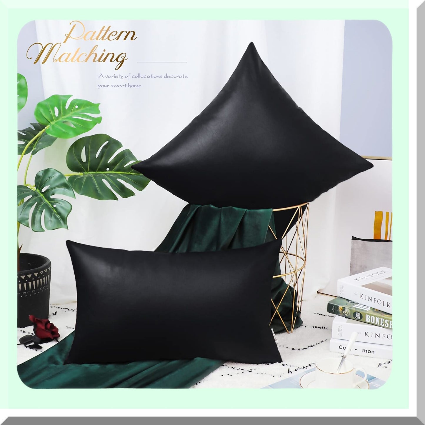 Black Leather Luxe Pillow Covers - Set of 2 | 18x18 Inch Solid Dyed Leather Pillowcases for Couch, Bed, Sofa, Garden - Home Decor Accent
