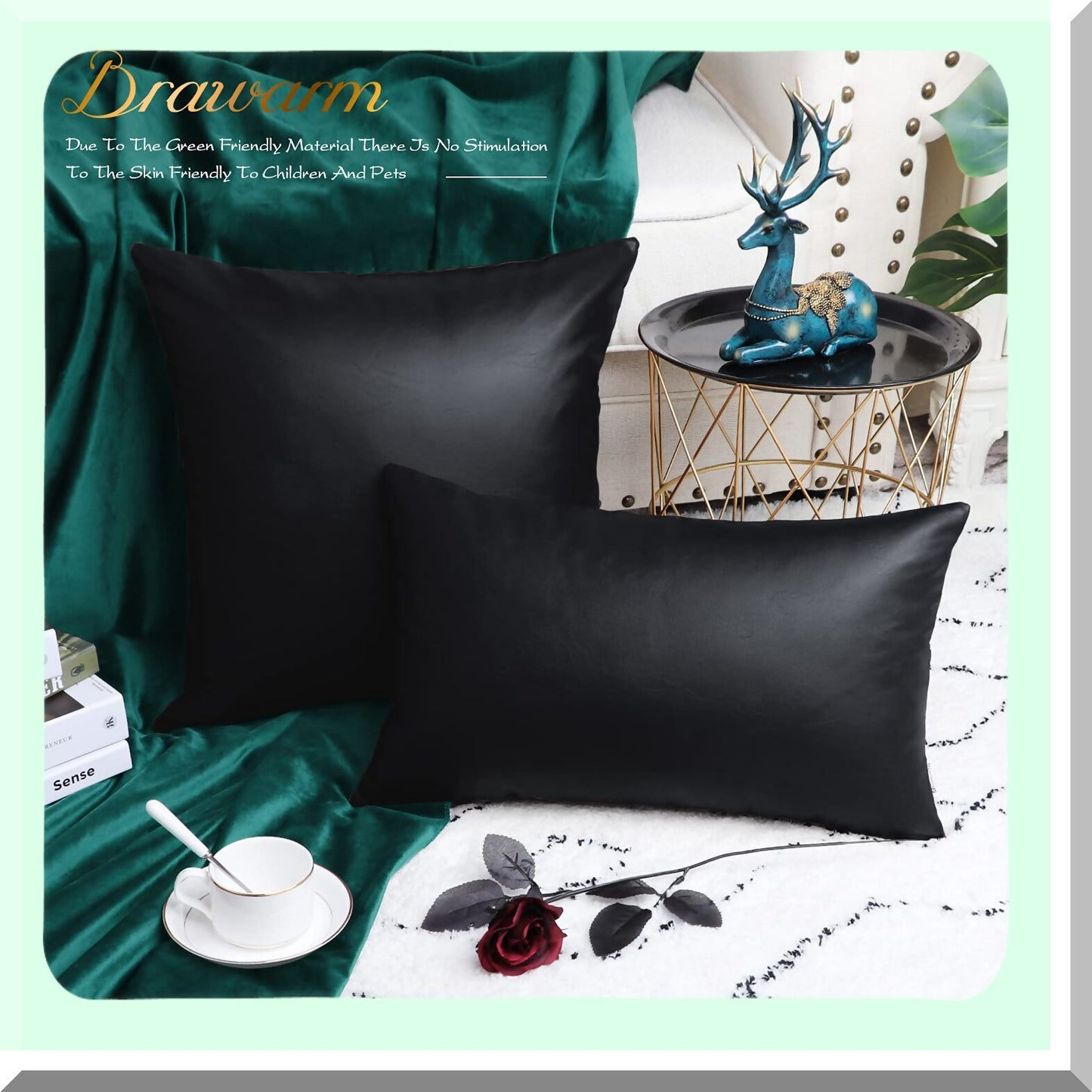 Black Leather Luxe Pillow Covers - Set of 2 | 18x18 Inch Solid Dyed Leather Pillowcases for Couch, Bed, Sofa, Garden - Home Decor Accent