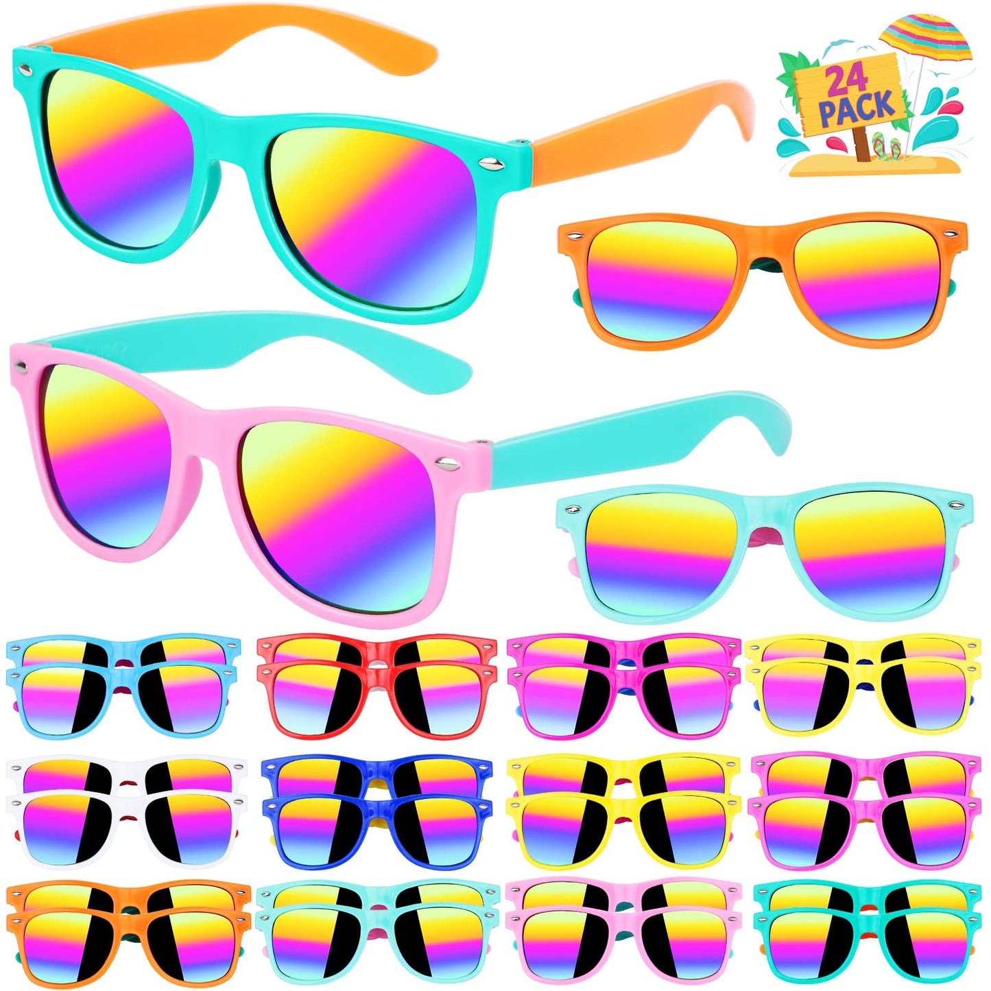 Neon Blast Kids Sungles - 24 Pack UV400 Protection 80s 90s Retro Shades for Boys Girls Age 3-8 - Beach Pool Birthday Party Favors & Gifts