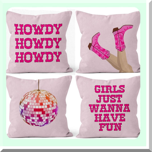 Disco Cowgirl Fun Pillowcase Set - Hot Pink Preppy Howdy Boots Decor for Girls Room Dorm Sofa Bed, 18x18 Inch Throw Pillow Cover, Set of 4