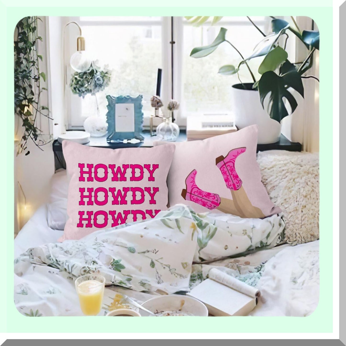 Disco Cowgirl Fun Pillowcase Set - Hot Pink Preppy Howdy Boots Decor for Girls Room Dorm Sofa Bed, 18x18 Inch Throw Pillow Cover, Set of 4