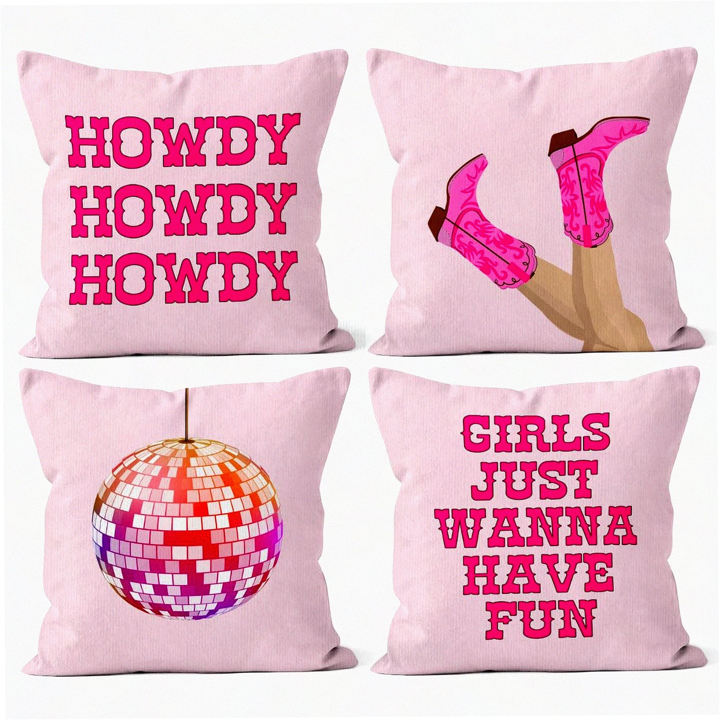 Disco Cowgirl Fun Pillowcase Set - Hot Pink Preppy Howdy Boots Decor for Girls Room Dorm Sofa Bed, 18x18 Inch Throw Pillow Cover, Set of 4