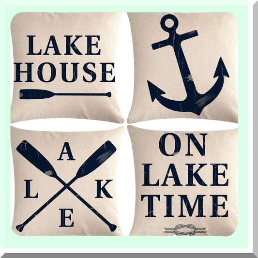 Anchor Time Lake House Pillow Covers - Farmhouse Decor Set of 4 Square Cushion Cover 18x18 for Sofa Couch Patio, Lake House Gifts Decorative Pillowcases