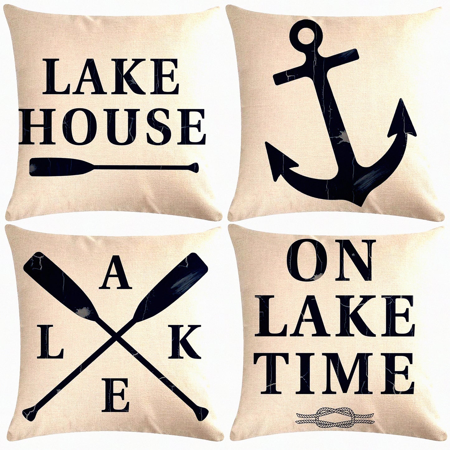 Anchor Time Lake House Pillow Covers - Farmhouse Decor Set of 4 Square Cushion Cover 18x18 for Sofa Couch Patio, Lake House Gifts Decorative Pillowcases