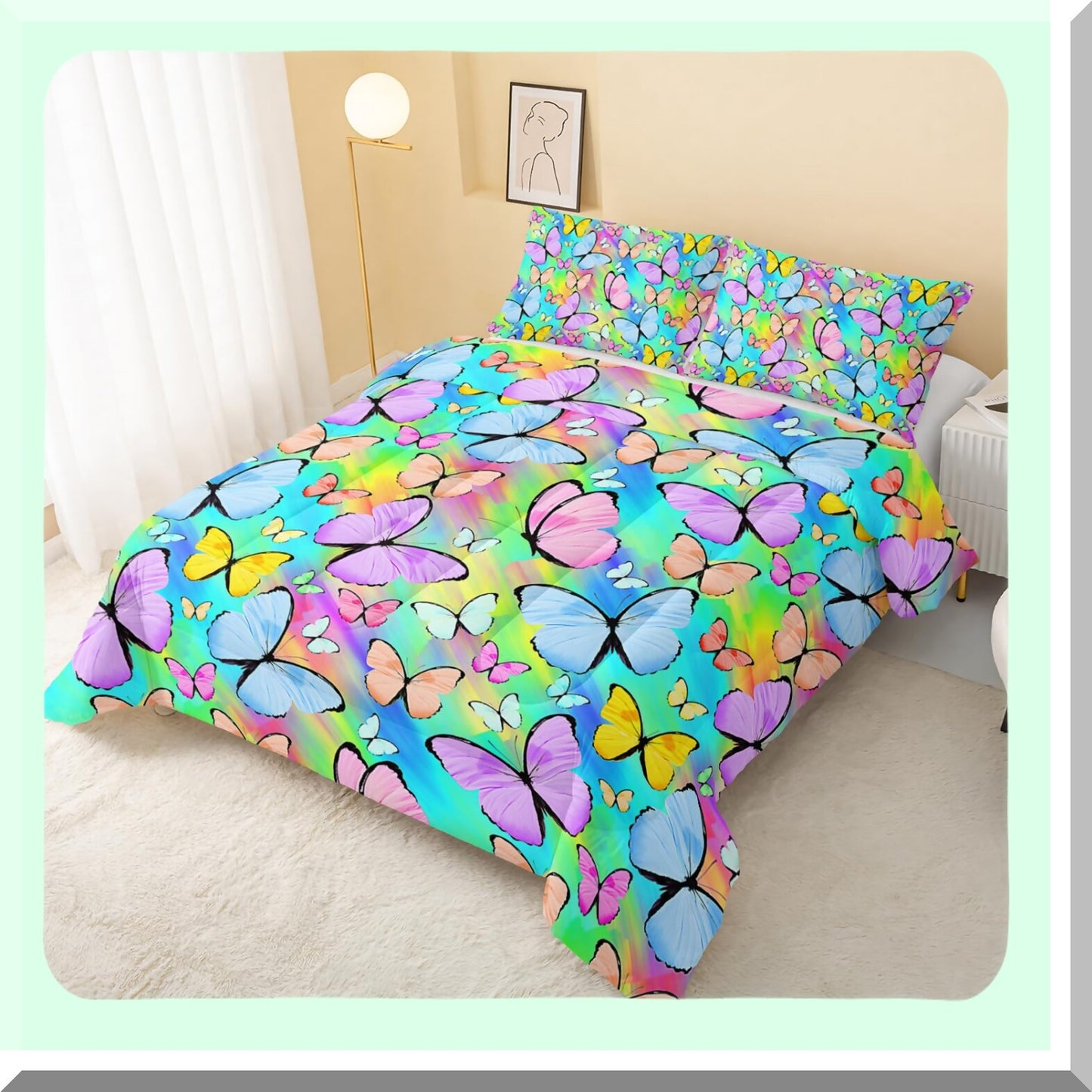 Butterfly Rainbow Watercolor 3D Quilt Bedding Set - Twin Size Comforter & Pillowcases - Soft Lightweight Bedroom Decoration in Purple & Blue