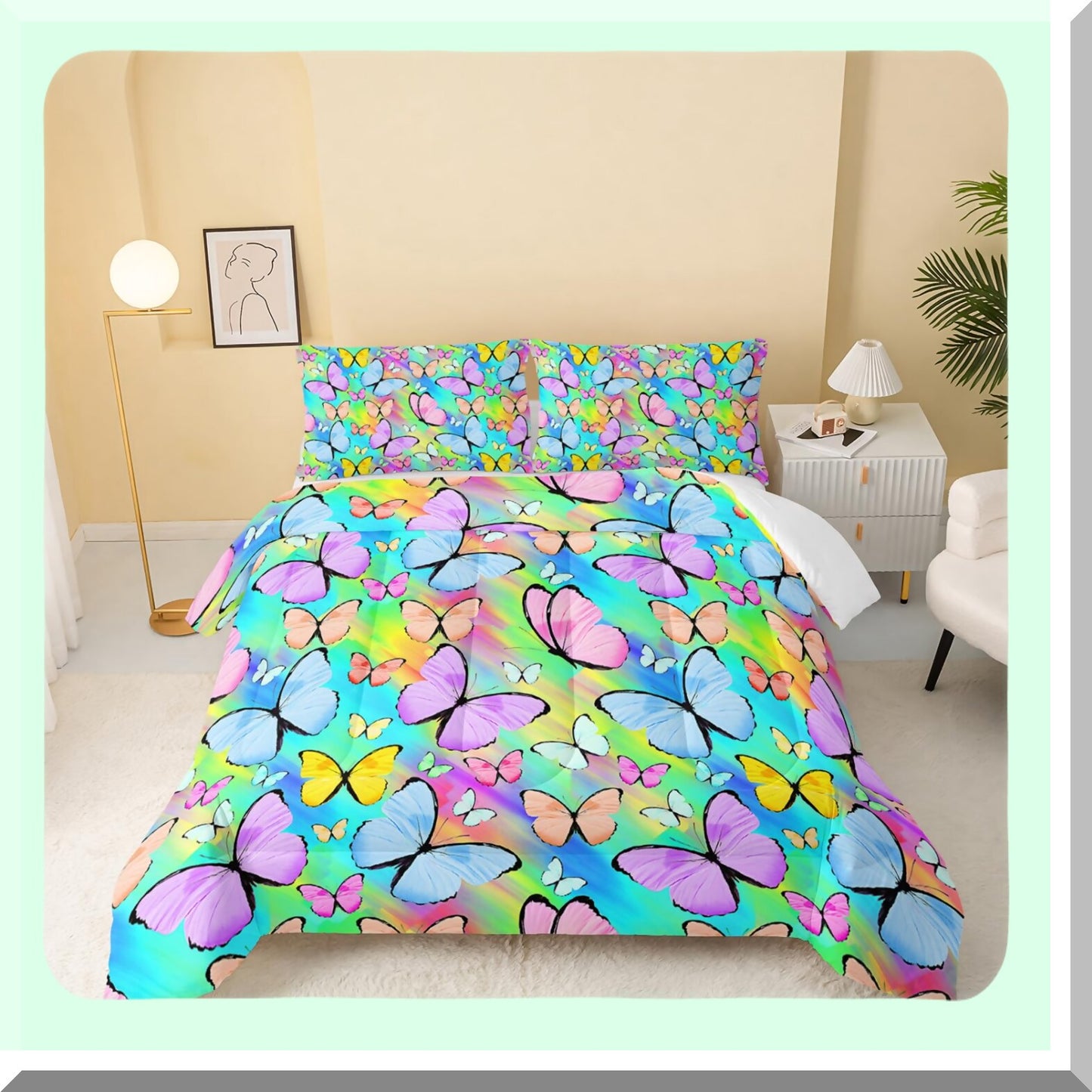 Butterfly Rainbow Watercolor 3D Quilt Bedding Set - Twin Size Comforter & Pillowcases - Soft Lightweight Bedroom Decoration in Purple & Blue