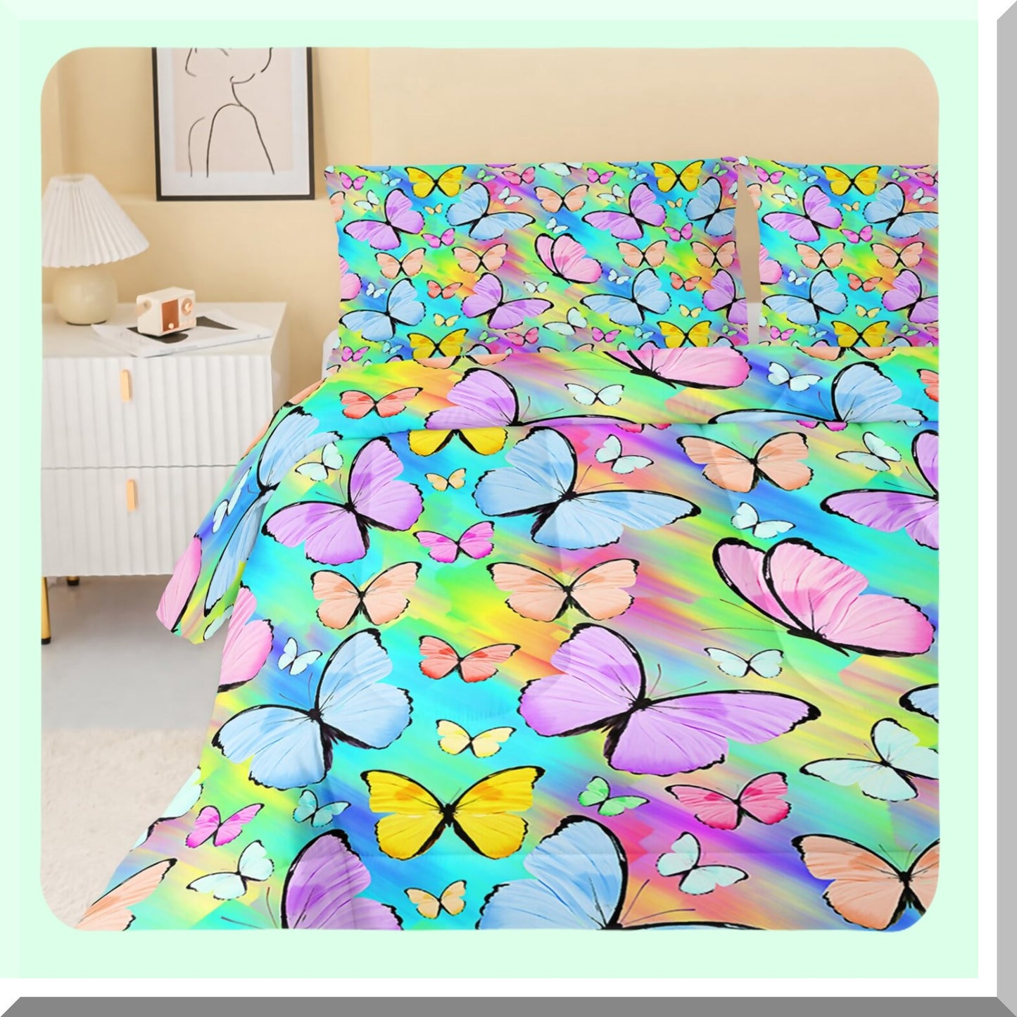 Butterfly Rainbow Watercolor 3D Quilt Bedding Set - Twin Size Comforter & Pillowcases - Soft Lightweight Bedroom Decoration in Purple & Blue