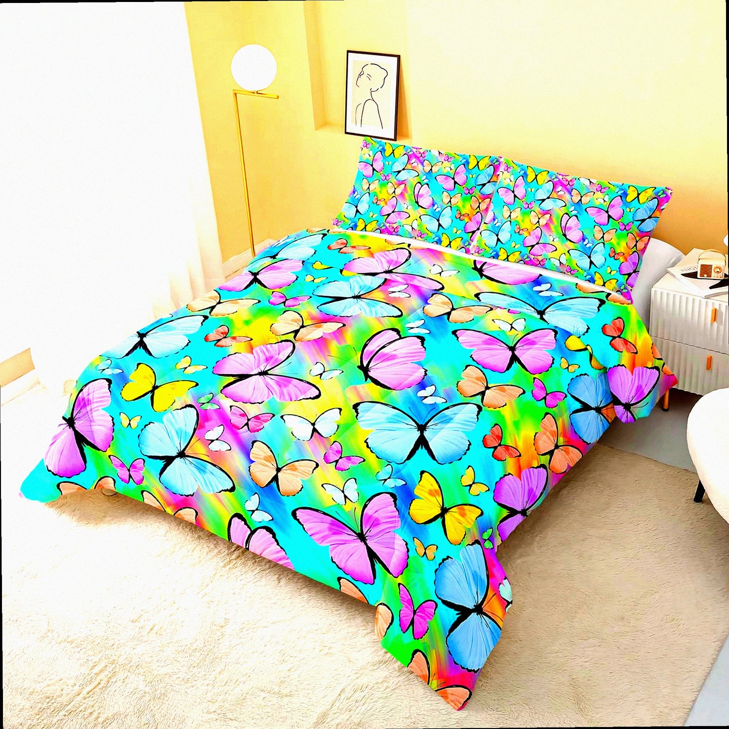 Butterfly Rainbow Watercolor 3D Quilt Bedding Set - Twin Size Comforter & Pillowcases - Soft Lightweight Bedroom Decoration in Purple & Blue