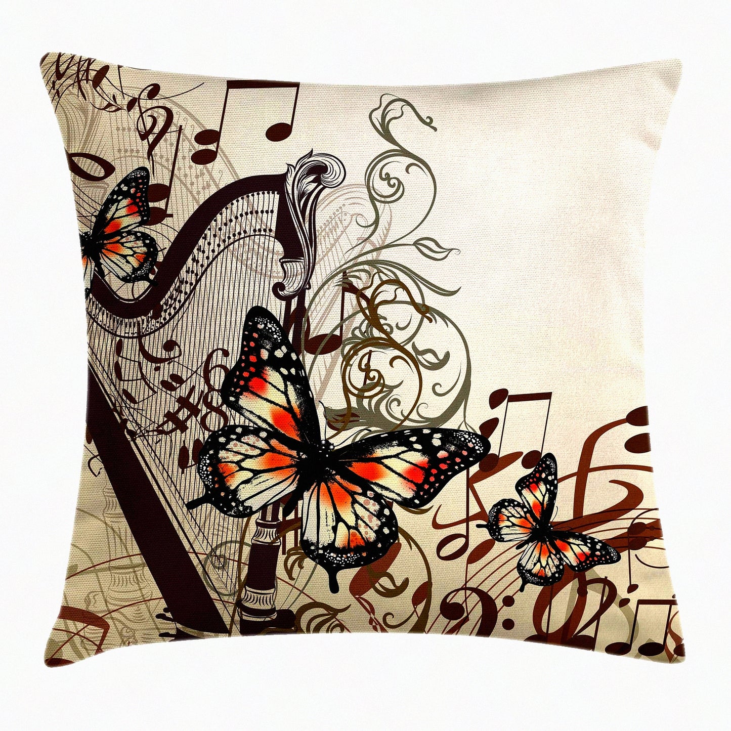Musical Butterfly Harmony Pillow Cover - Decorative Square Accent Case for Concert Theme Decor, 16" X 16", Cream Orange Black