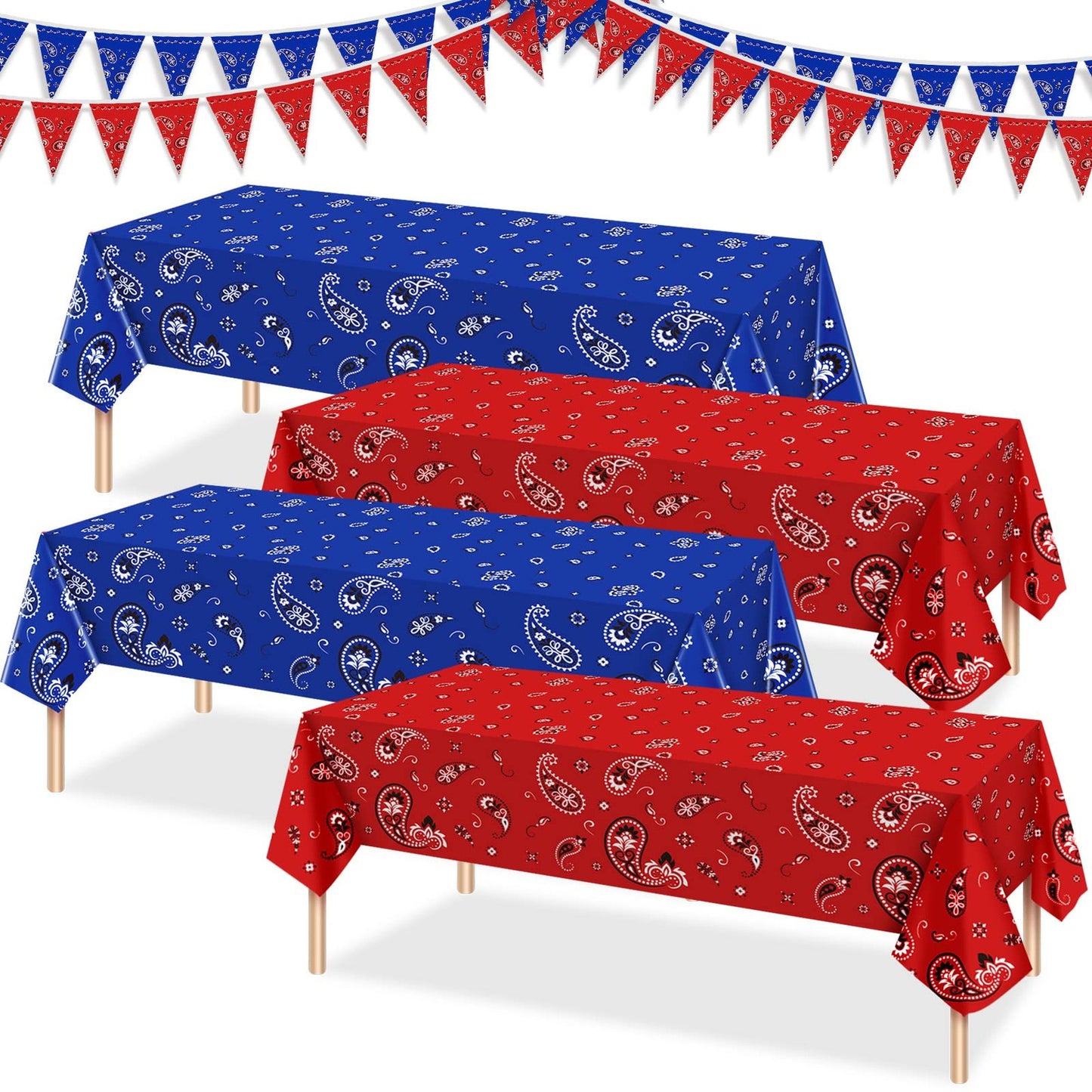 Cowboy Paisley Party Pack - Table Cover, Bandana, Banner, Tablecloth (Red/Blue, 6 Pcs) - Western Theme Decorations for Cowboy Parties & Events