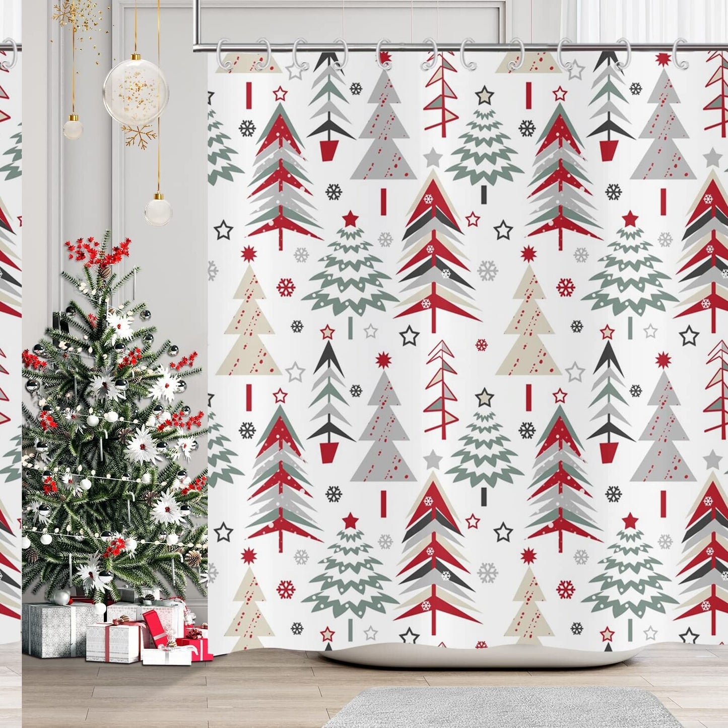 Tree Red Stars Snowflake Winter Shower Curtain with 12 Hooks