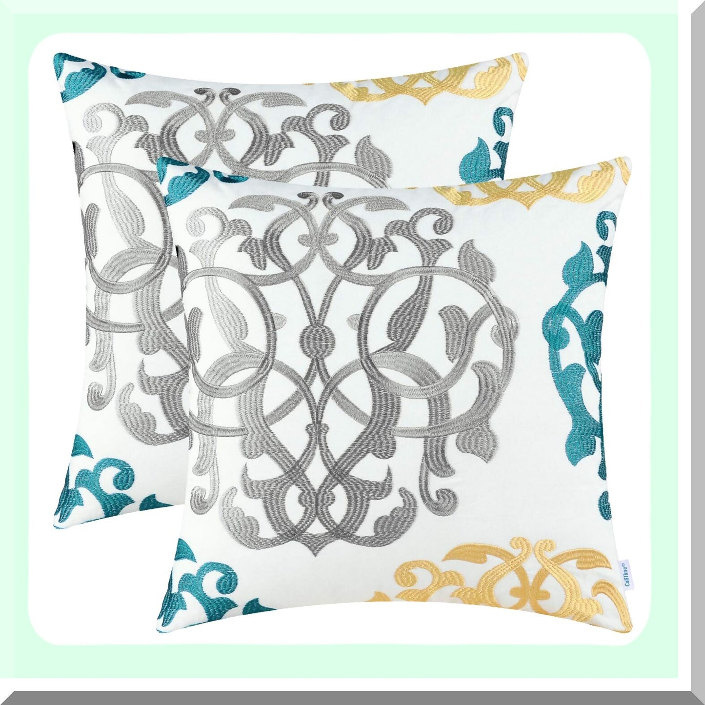 Vintage Geometric Floral Embroidered Throw Pillow Covers - Set of 2 Cotton Cushion Cases for Couch Bed Sofa - Farmhouse Decor 18x18 Grey/Teal/Gold