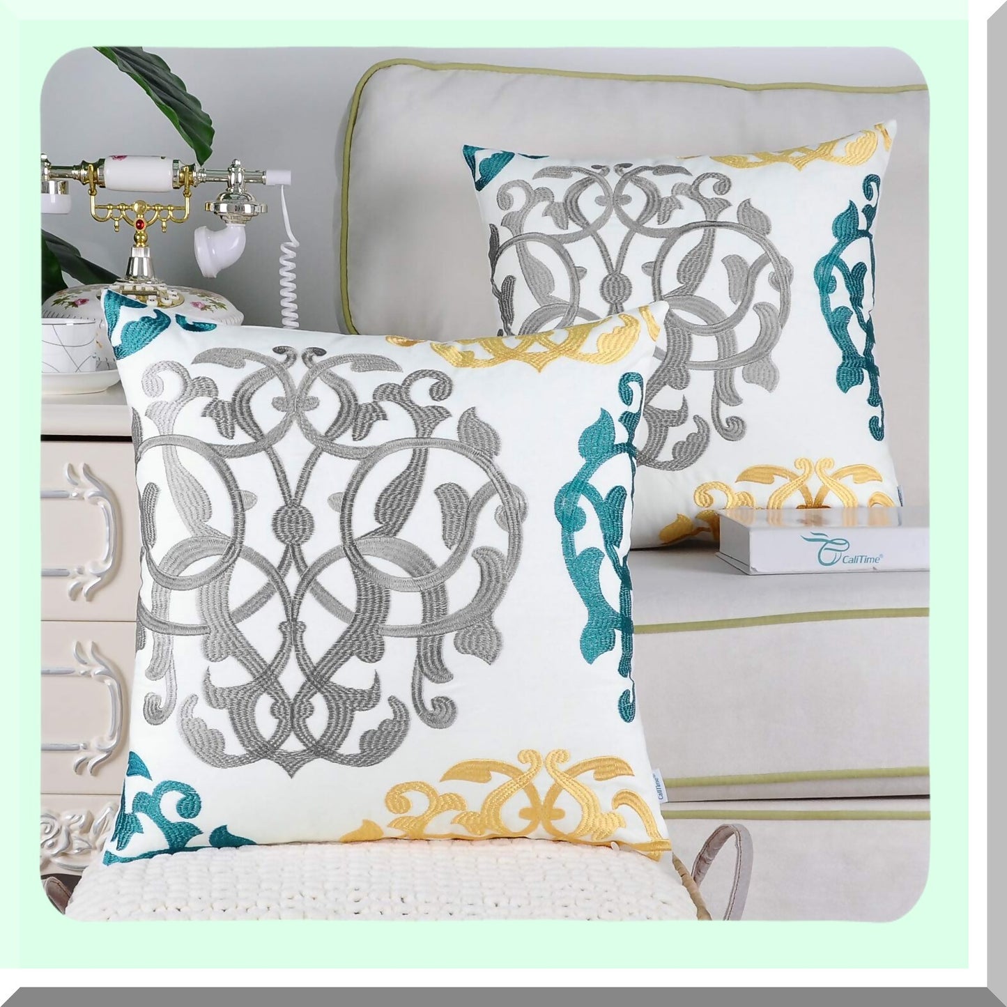 Vintage Geometric Floral Embroidered Throw Pillow Covers - Set of 2 Cotton Cushion Cases for Couch Bed Sofa - Farmhouse Decor 18x18 Grey/Teal/Gold