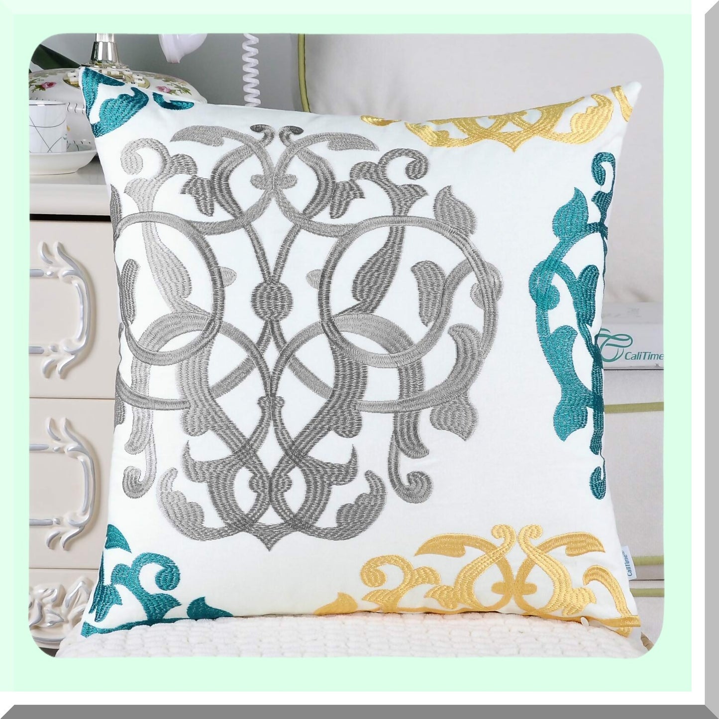 Vintage Geometric Floral Embroidered Throw Pillow Covers - Set of 2 Cotton Cushion Cases for Couch Bed Sofa - Farmhouse Decor 18x18 Grey/Teal/Gold