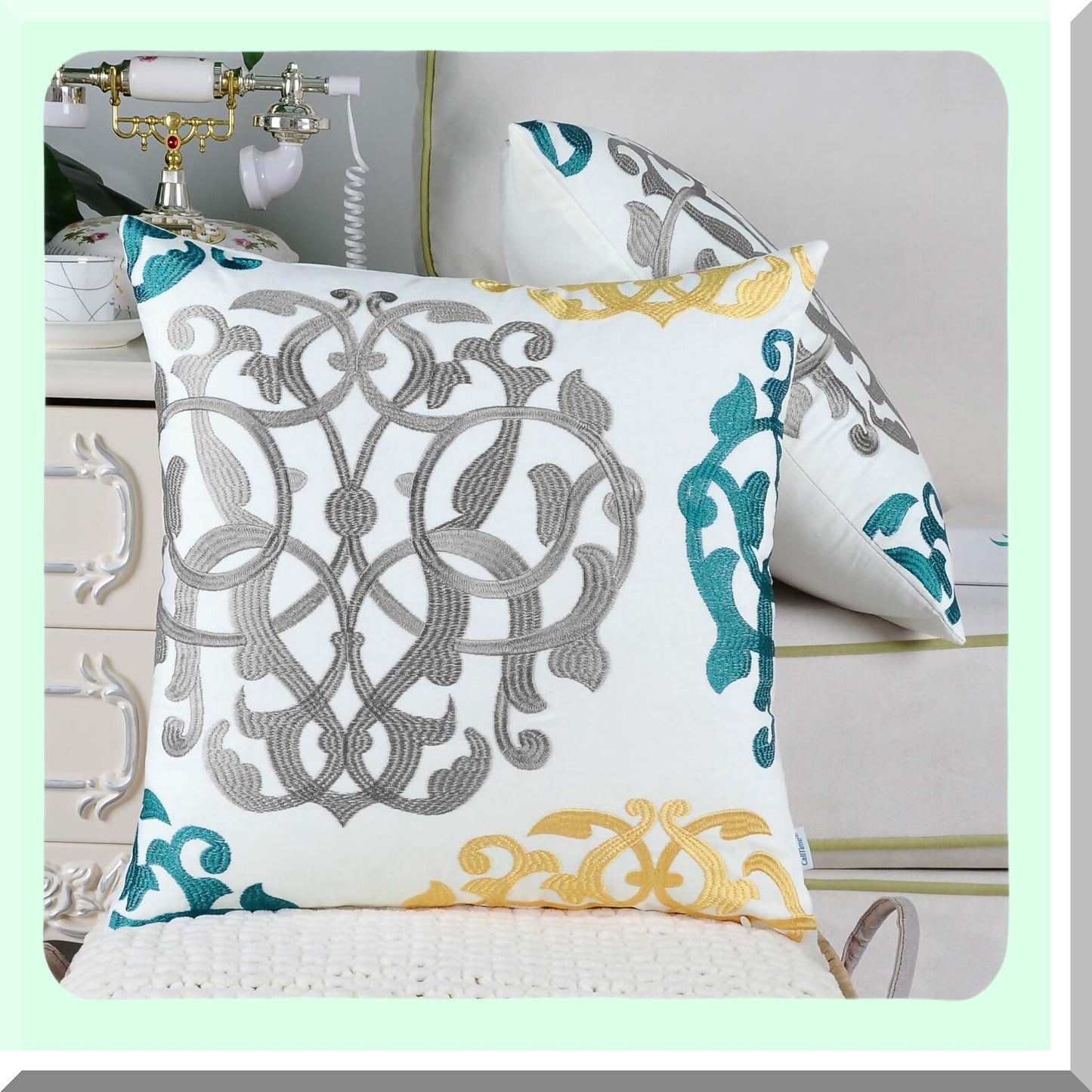 Vintage Geometric Floral Embroidered Throw Pillow Covers - Set of 2 Cotton Cushion Cases for Couch Bed Sofa - Farmhouse Decor 18x18 Grey/Teal/Gold