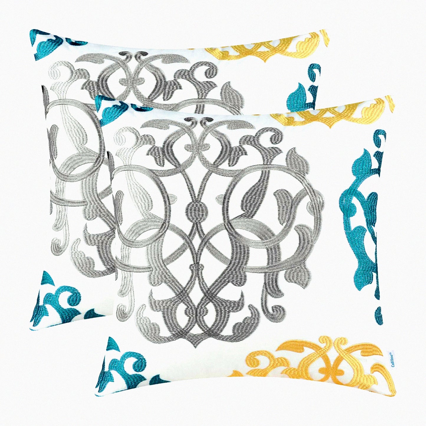 Vintage Geometric Floral Embroidered Throw Pillow Covers - Set of 2 Cotton Cushion Cases for Couch Bed Sofa - Farmhouse Decor 18x18 Grey/Teal/Gold