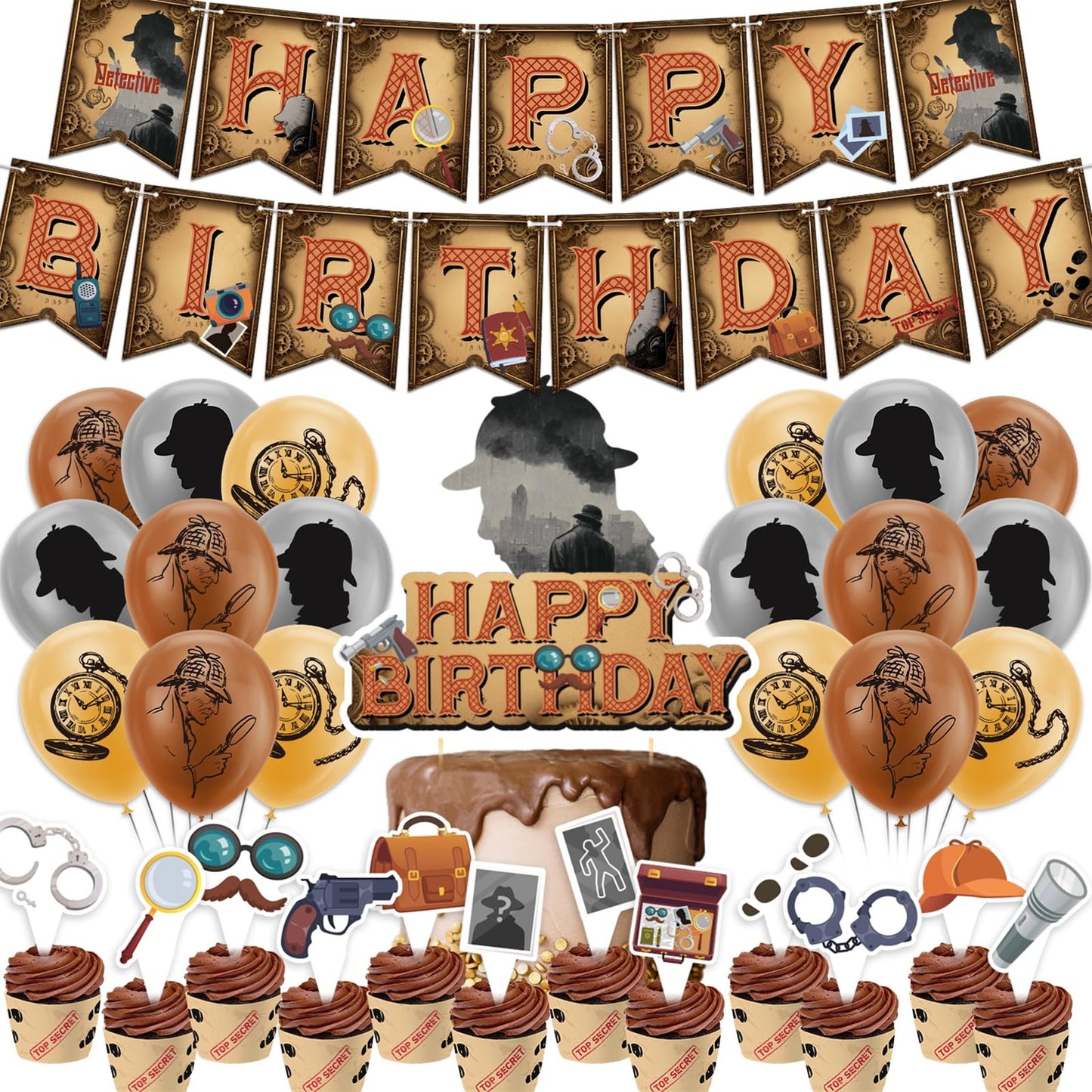 Sleuth Celebration Kit: Detective Birthday Decorations & Party Supplies - Happy Birthday Banner, Cake Topper, Cupcake Toppers, Balloons & Favors