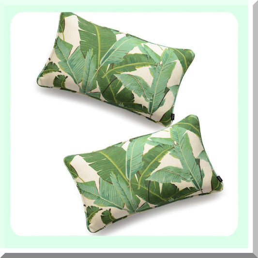 Tropical Leaf Cotton Linen Lumbar Pillow Cover Set - Premium Decorative Banana Leaf Design - 12"x20" - Pack of 2 - Home Decor Accent