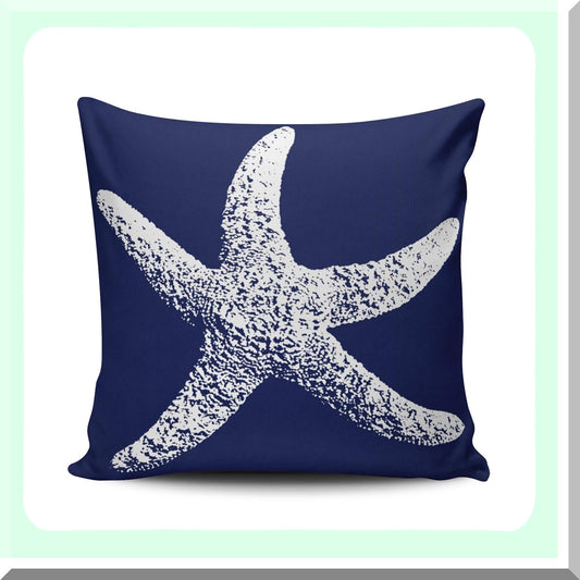 Starfish Dream Navy Blue White Pillowcase - 20X20 Inch Square Throw Cushion Cover - Double Sided Printed Home Decor - Coastal Beach Theme