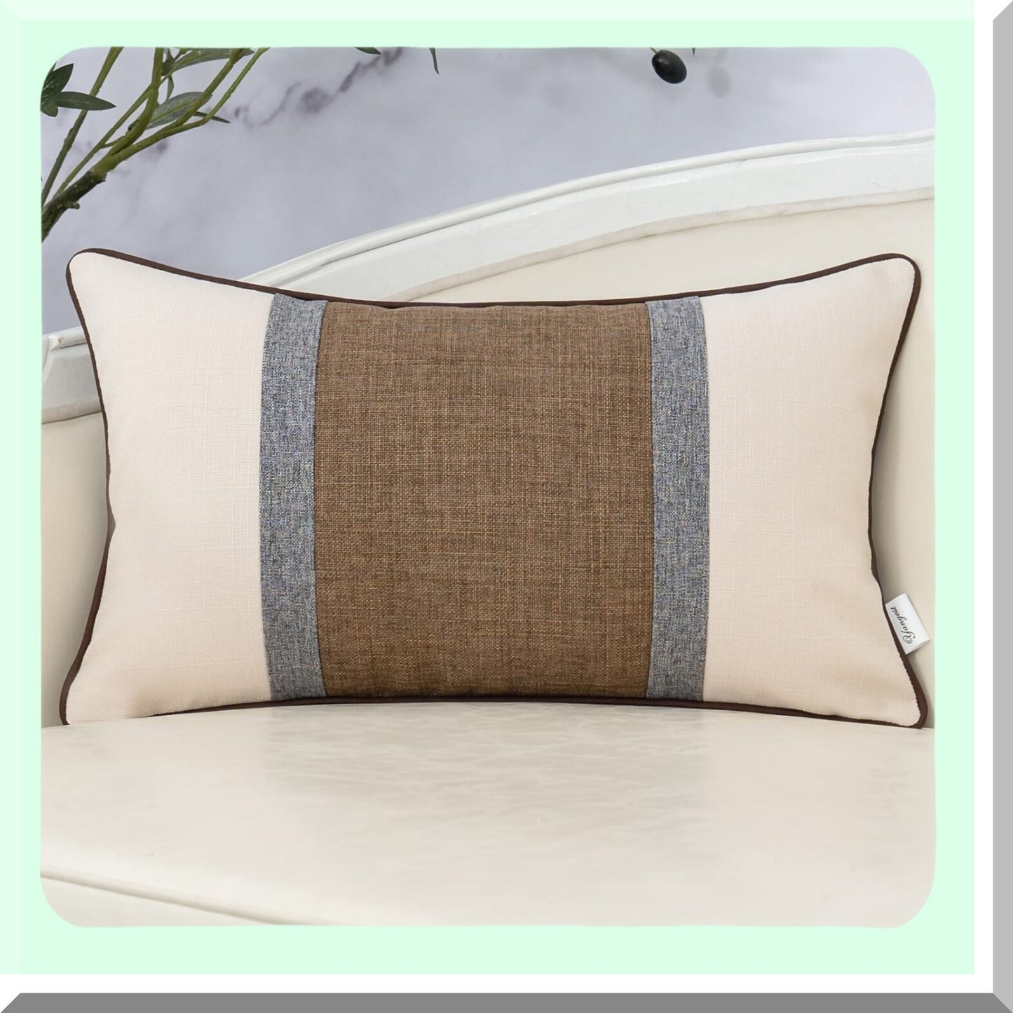 Farmhouse Coffee Brown Patchwork Linen Lumbar Pillow Cover - Burlap Cushion Case for Sofa Couch - Neutral Oblong Pillowcase - 12x20 Inch Home Decor