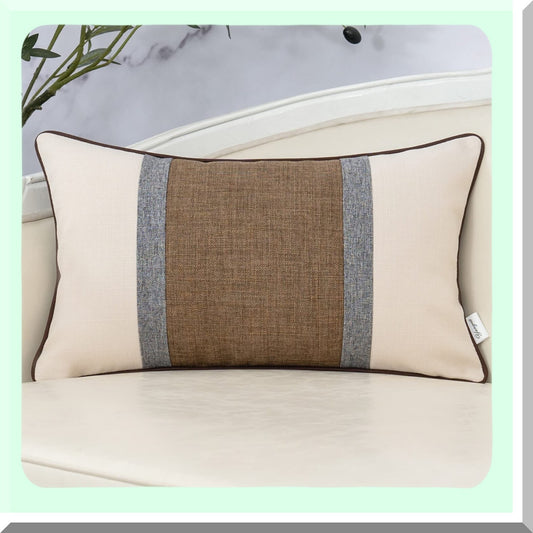 Farmhouse Coffee Brown Patchwork Linen Lumbar Pillow Cover - Burlap Cushion Case for Sofa Couch - Neutral Oblong Pillowcase - 12x20 Inch Home Decor