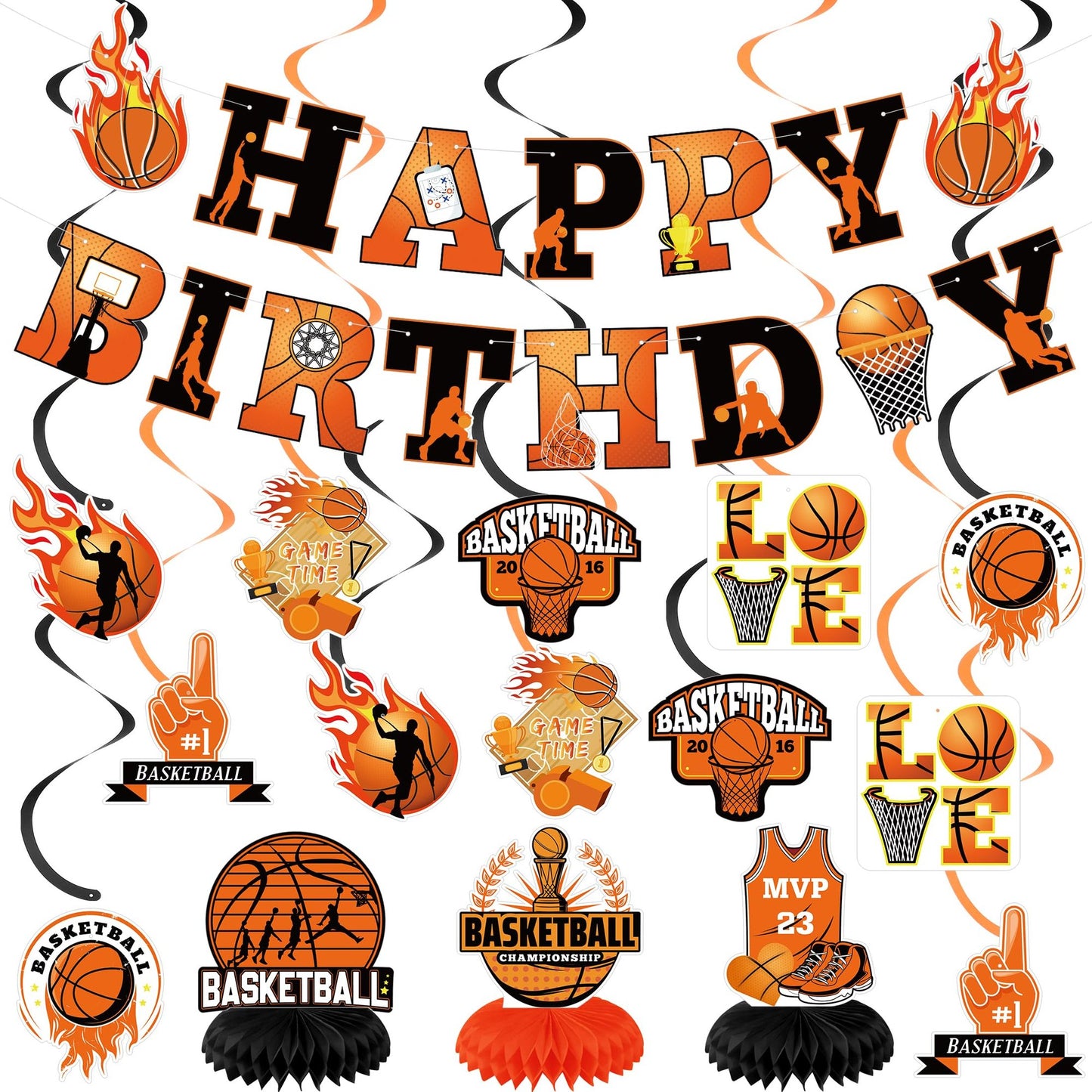 Hoops & Swirls Basketball Party Pack - Happy Birthday Banner, Hanging Swirls, Honeycomb Centerpiece - Boys Kids Sports Decorations Supplies