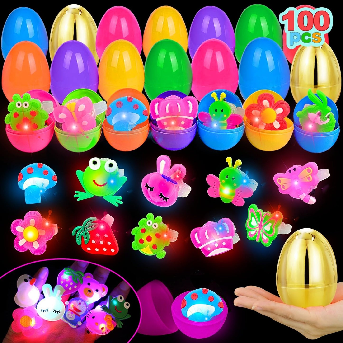 Kids Glow Eggs Set with Light Up Rings for Egg Hunt and Party Favors