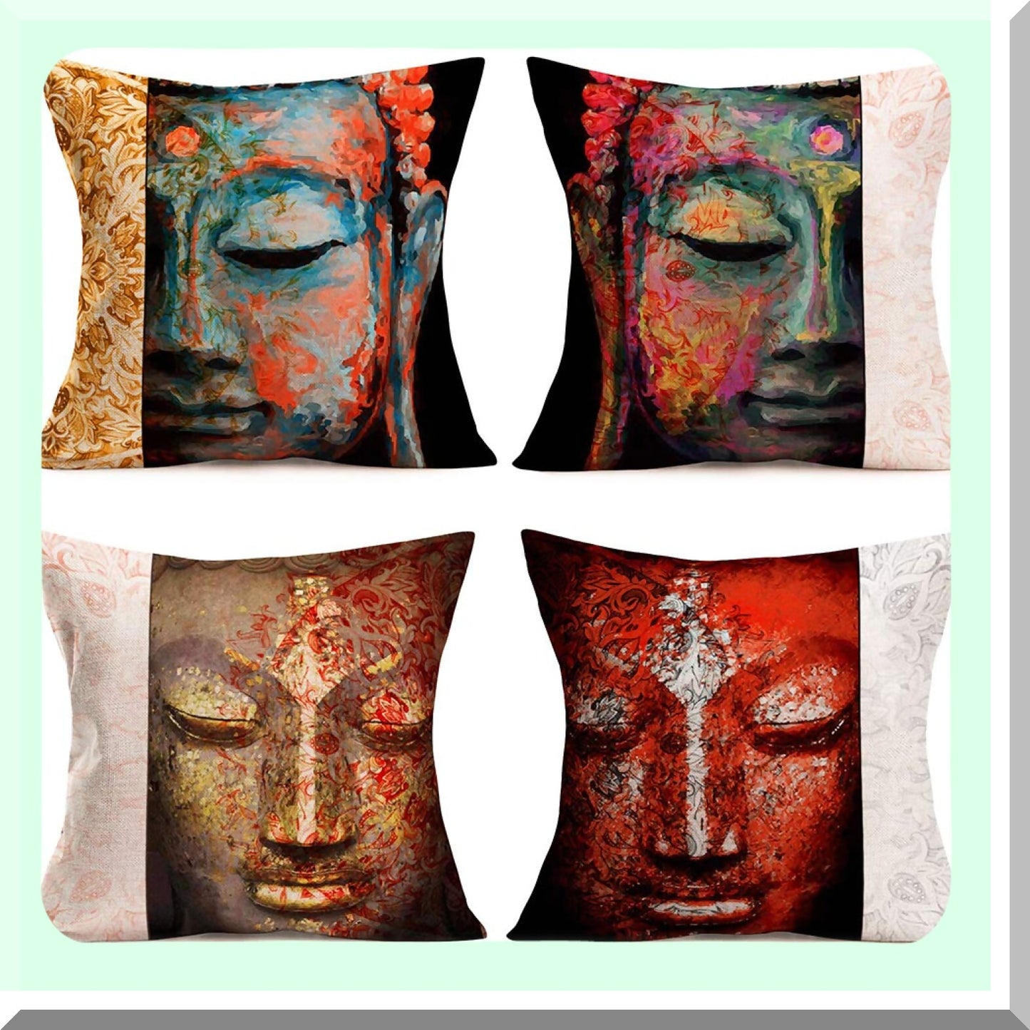 Bohemia Buddha Vintage Flower Pillow Covers - Set of 4 Sakyamuni Pattern 18x18 Inch Cushion Cover for Chair Couch - Cotton Linen Portrait Cases