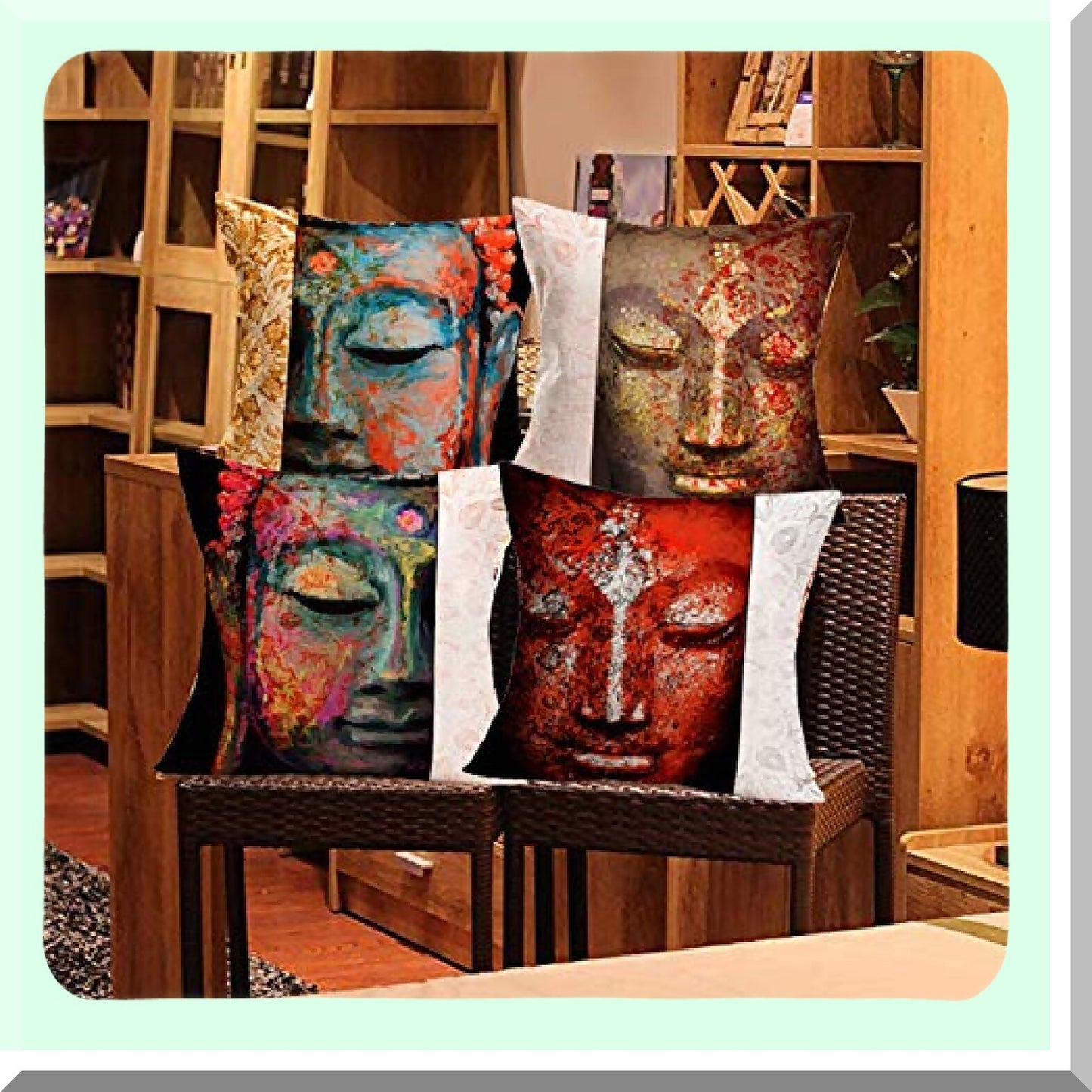 Bohemia Buddha Vintage Flower Pillow Covers - Set of 4 Sakyamuni Pattern 18x18 Inch Cushion Cover for Chair Couch - Cotton Linen Portrait Cases