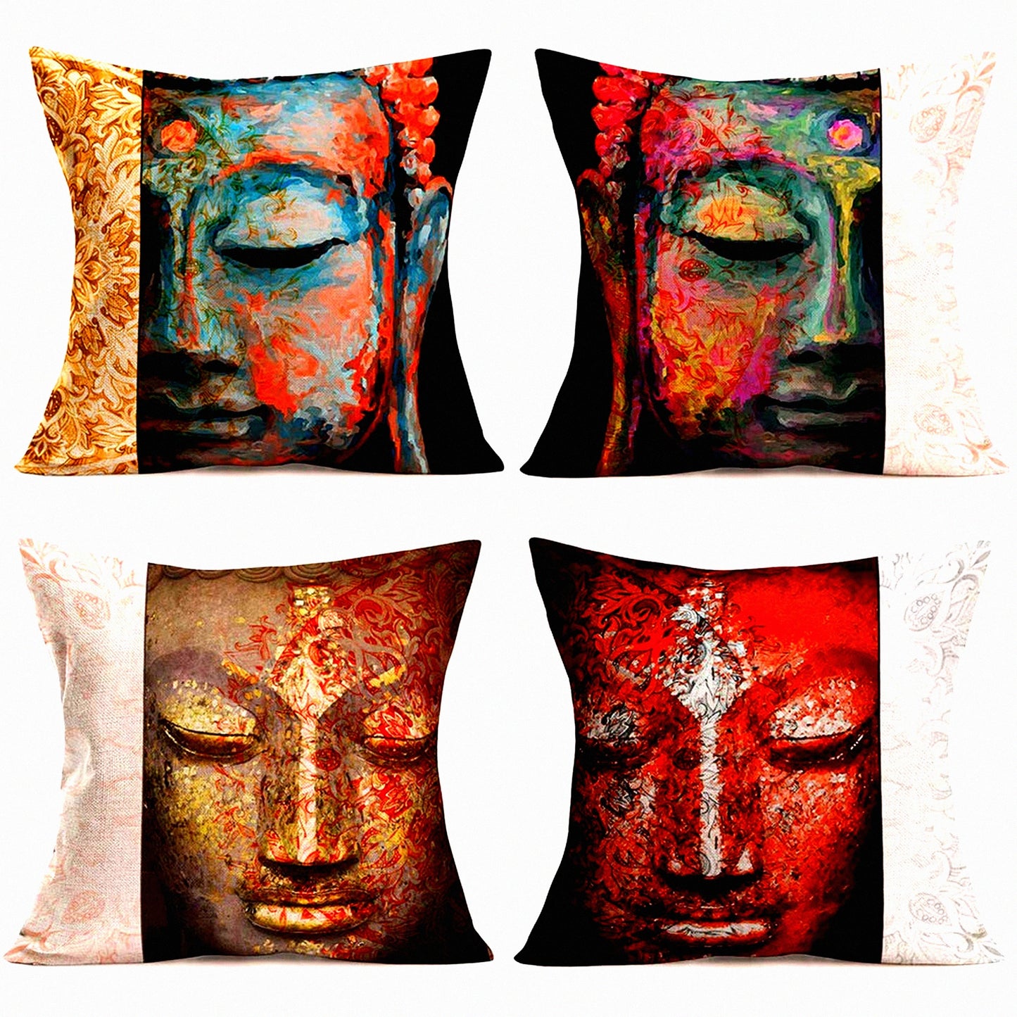 Bohemia Buddha Vintage Flower Pillow Covers - Set of 4 Sakyamuni Pattern 18x18 Inch Cushion Cover for Chair Couch - Cotton Linen Portrait Cases