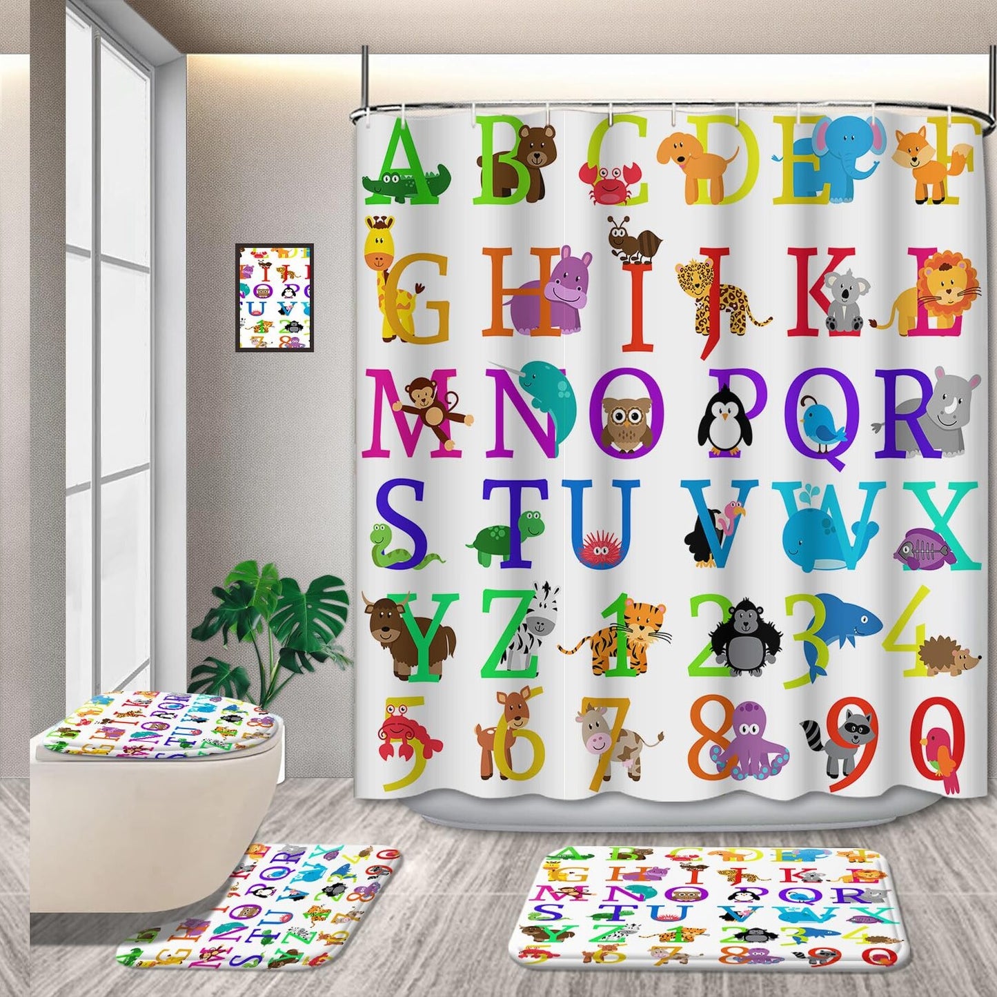 Cartoon Animal Alphabet Shower Curtain Set
