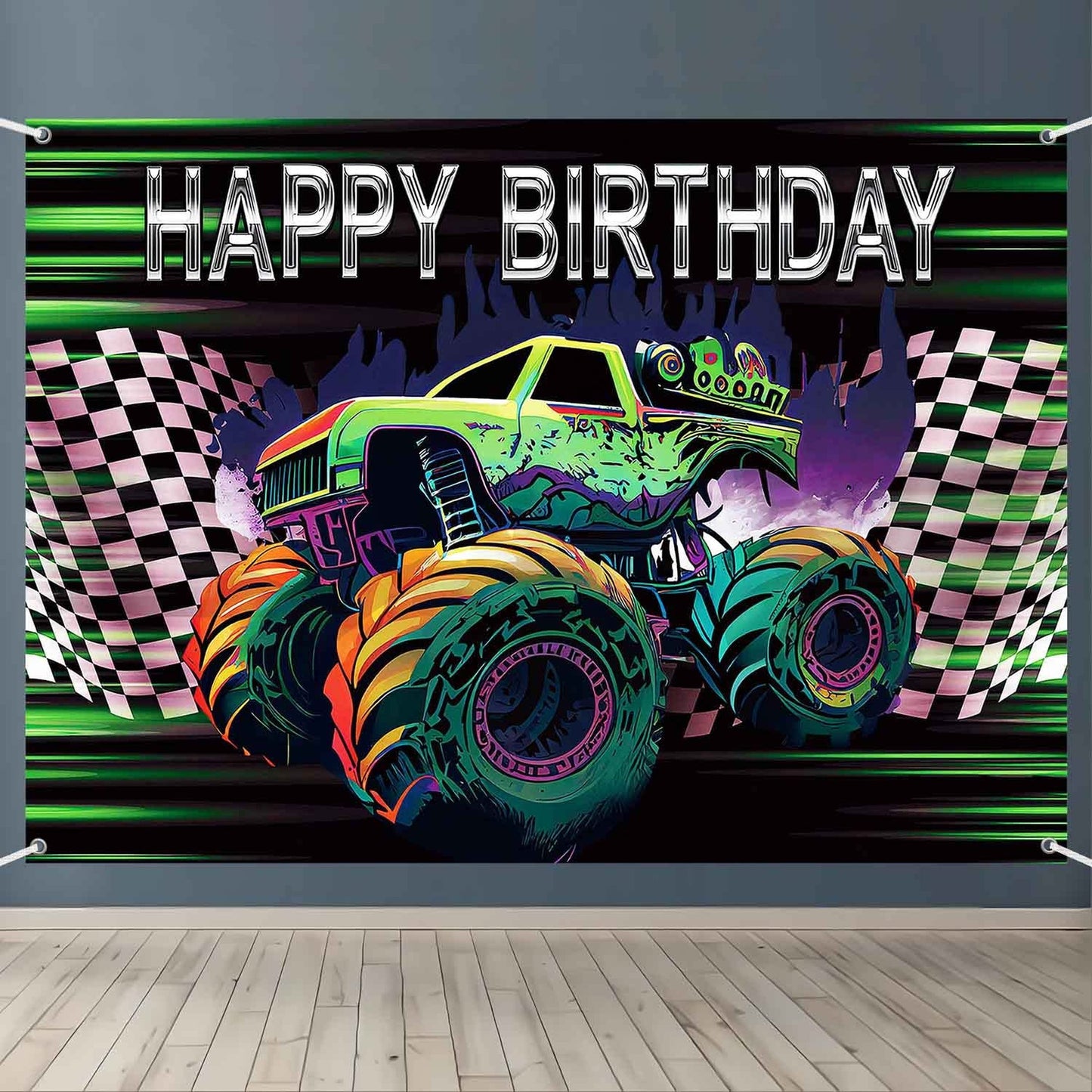 Truckin' Birthday Bash Backdrop - Green Truck Theme Party Decorations for Boys - Cars Happy Birthday Photo Props - 5x3ft Banner for Truck Lovers