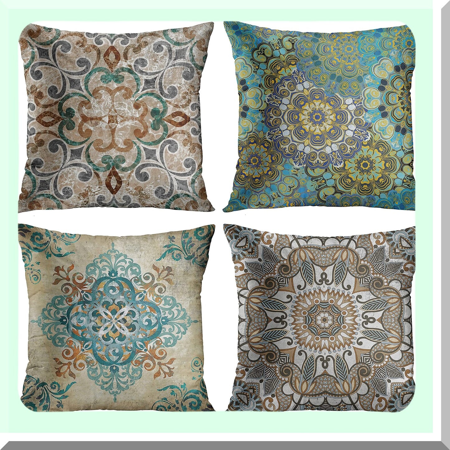 Boho Leafy Vintage Pillowcase Set - Brown Green Teal Grey Abstract Floral Decor - Home Decorative Covers - Standard Square 18x18 Inches