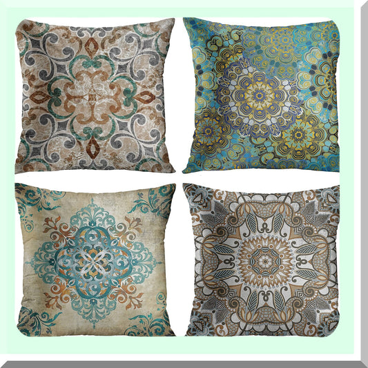 Boho Leafy Vintage Pillowcase Set - Brown Green Teal Grey Abstract Floral Decor - Home Decorative Covers - Standard Square 18x18 Inches