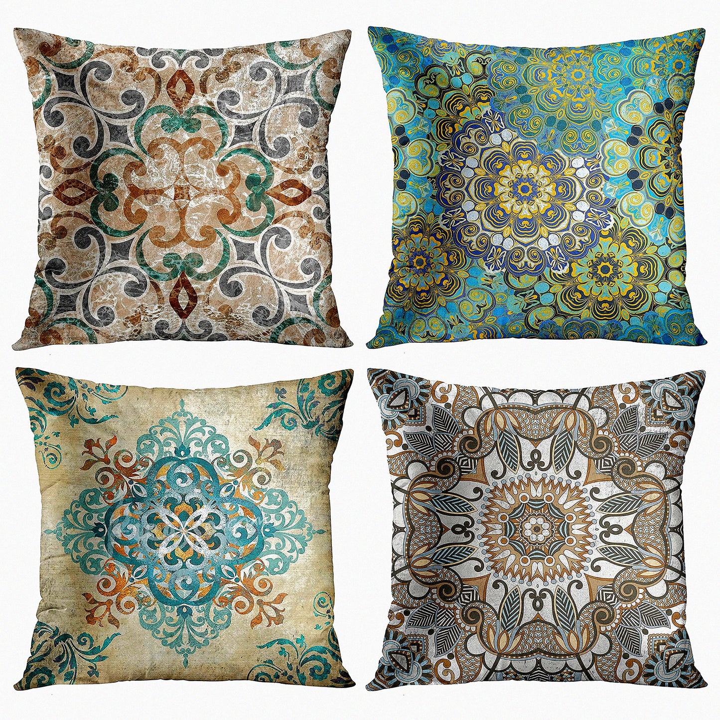 Boho Leafy Vintage Pillowcase Set - Brown Green Teal Grey Abstract Floral Decor - Home Decorative Covers - Standard Square 18x18 Inches