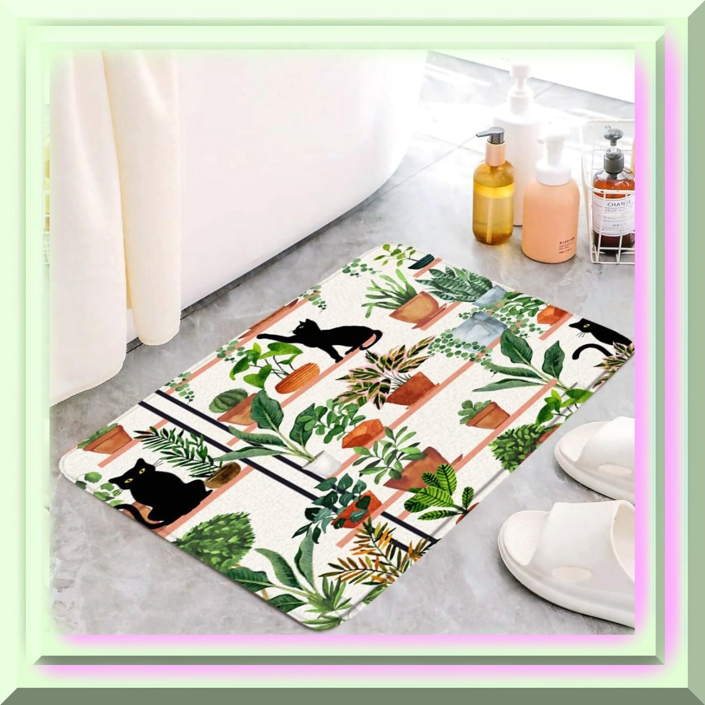 Plants Cat Bath Mat 17.7x29.5 Inch Black Green Leaves