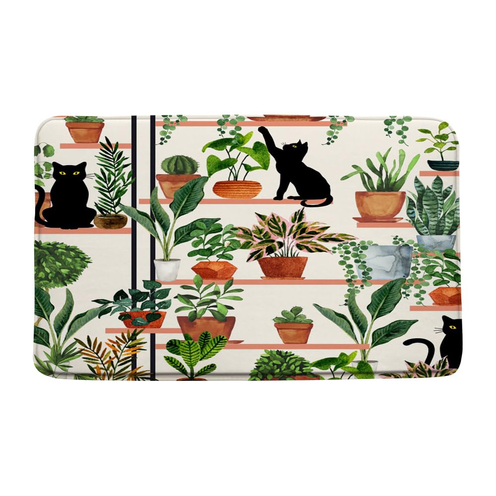 Plants Cat Bath Mat 17.7x29.5 Inch Black Green Leaves