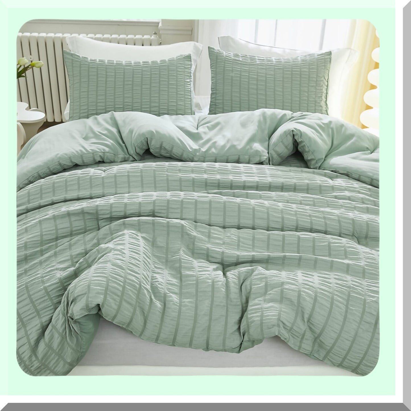 Sage Green Seersucker Comforter Set - California Size Lightweight Bedding with Soft Aesthetic Design, 3-Piece Summer Comforter Set (104x96In)