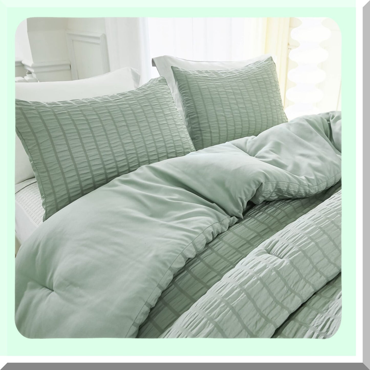 Sage Green Seersucker Comforter Set - California Size Lightweight Bedding with Soft Aesthetic Design, 3-Piece Summer Comforter Set (104x96In)