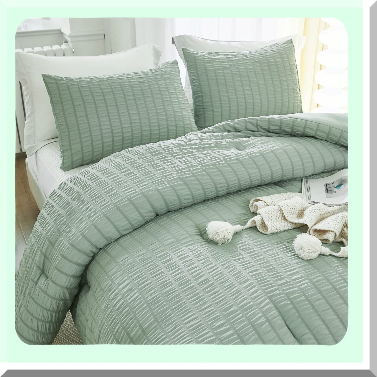 Sage Green Seersucker Comforter Set - California Size Lightweight Bedding with Soft Aesthetic Design, 3-Piece Summer Comforter Set (104x96In)