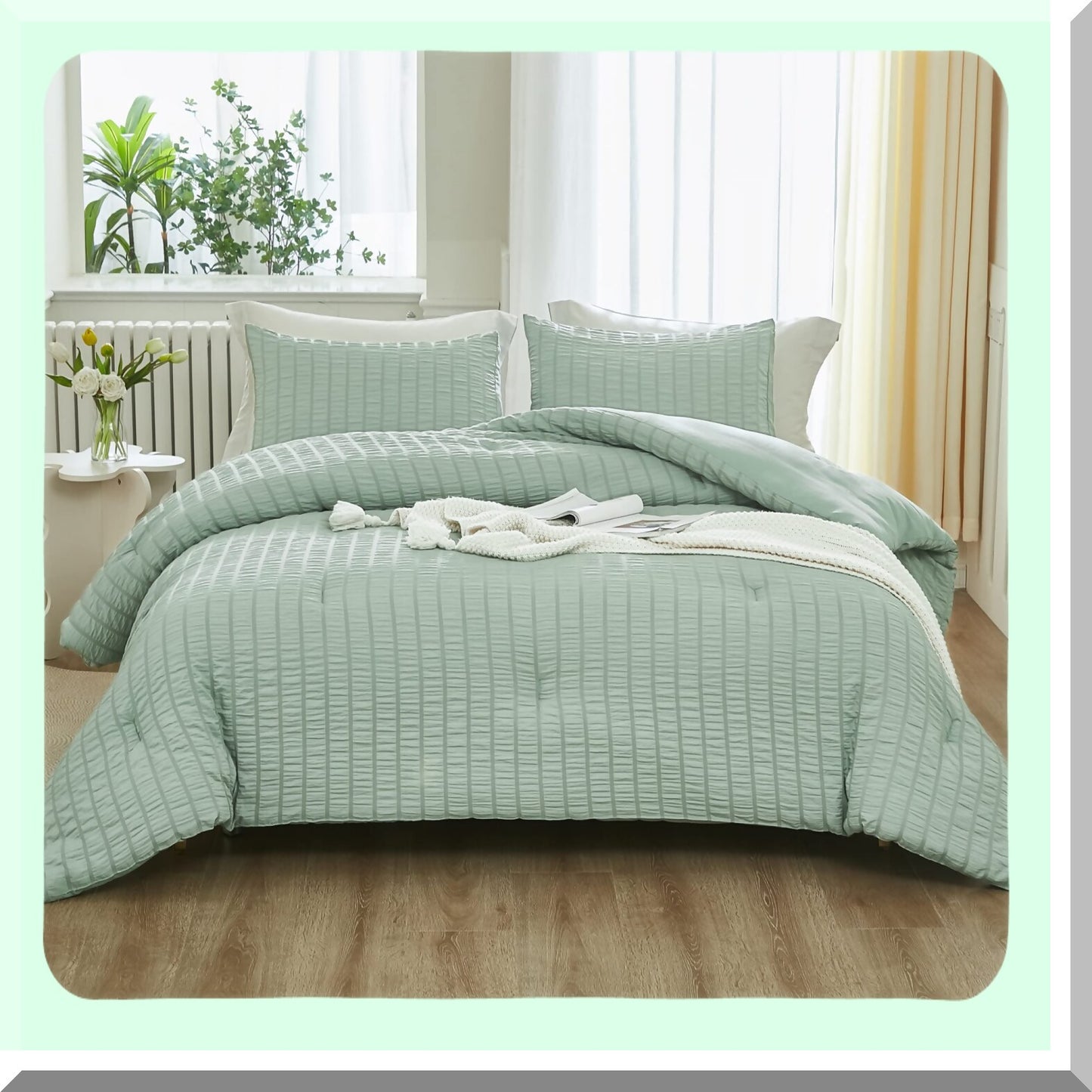 Sage Green Seersucker Comforter Set - California Size Lightweight Bedding with Soft Aesthetic Design, 3-Piece Summer Comforter Set (104x96In)