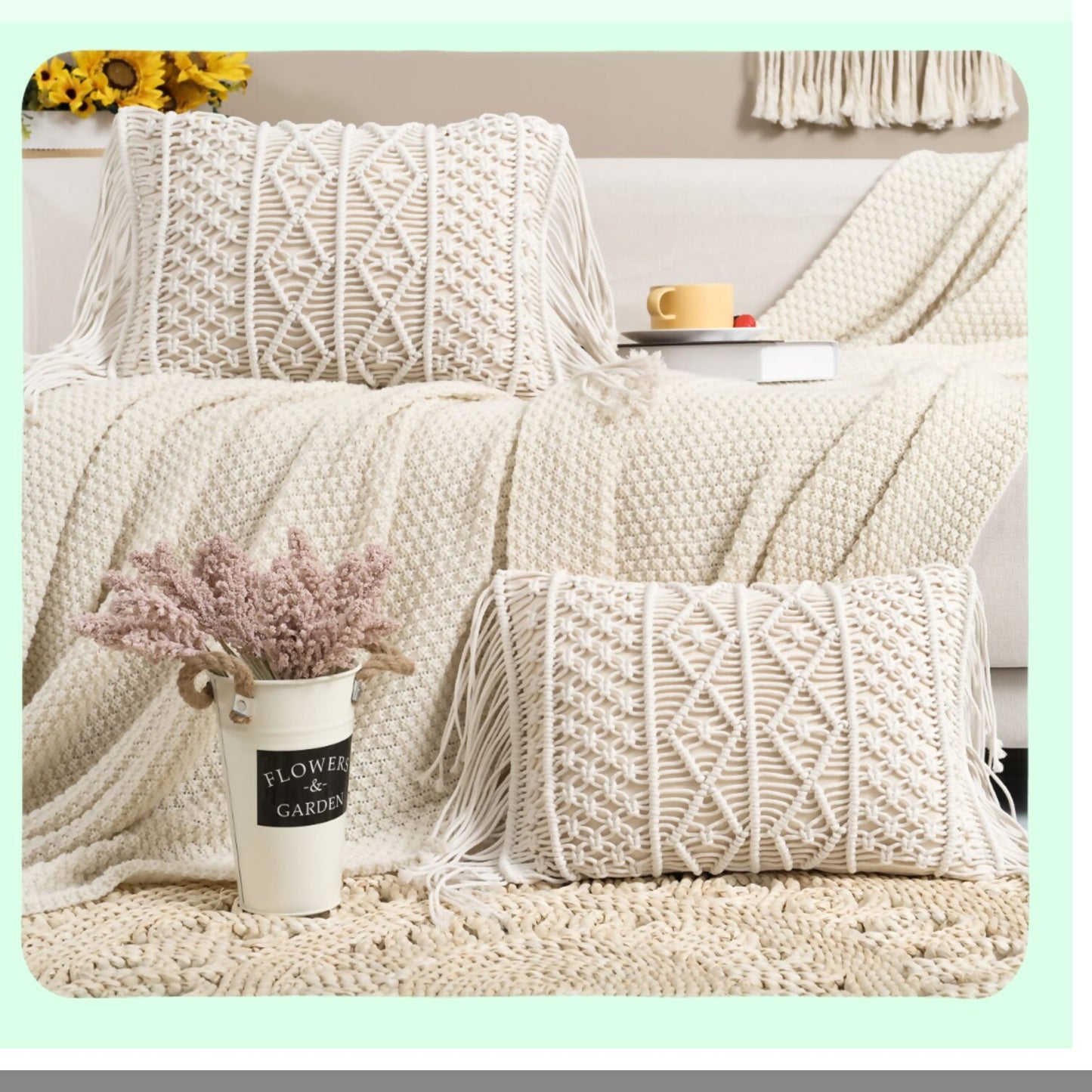 Boho Chic Lumbar Pillow Set - 2 Pack Macrame Cushion Covers for Couch, Sofa, Bed, Farmhouse - Decorative Rectangular Throw Pillow Covers for Chair, Dining, Patio, Car - Tassel Design
