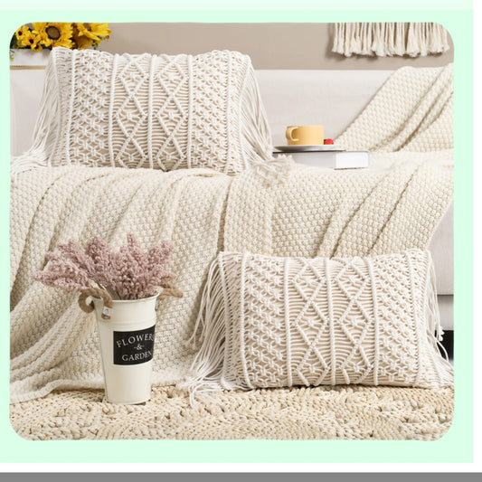 Boho Chic Lumbar Pillow Set - 2 Pack Macrame Cushion Covers for Couch, Sofa, Bed, Farmhouse - Decorative Rectangular Throw Pillow Covers for Chair, Dining, Patio, Car - Tassel Design