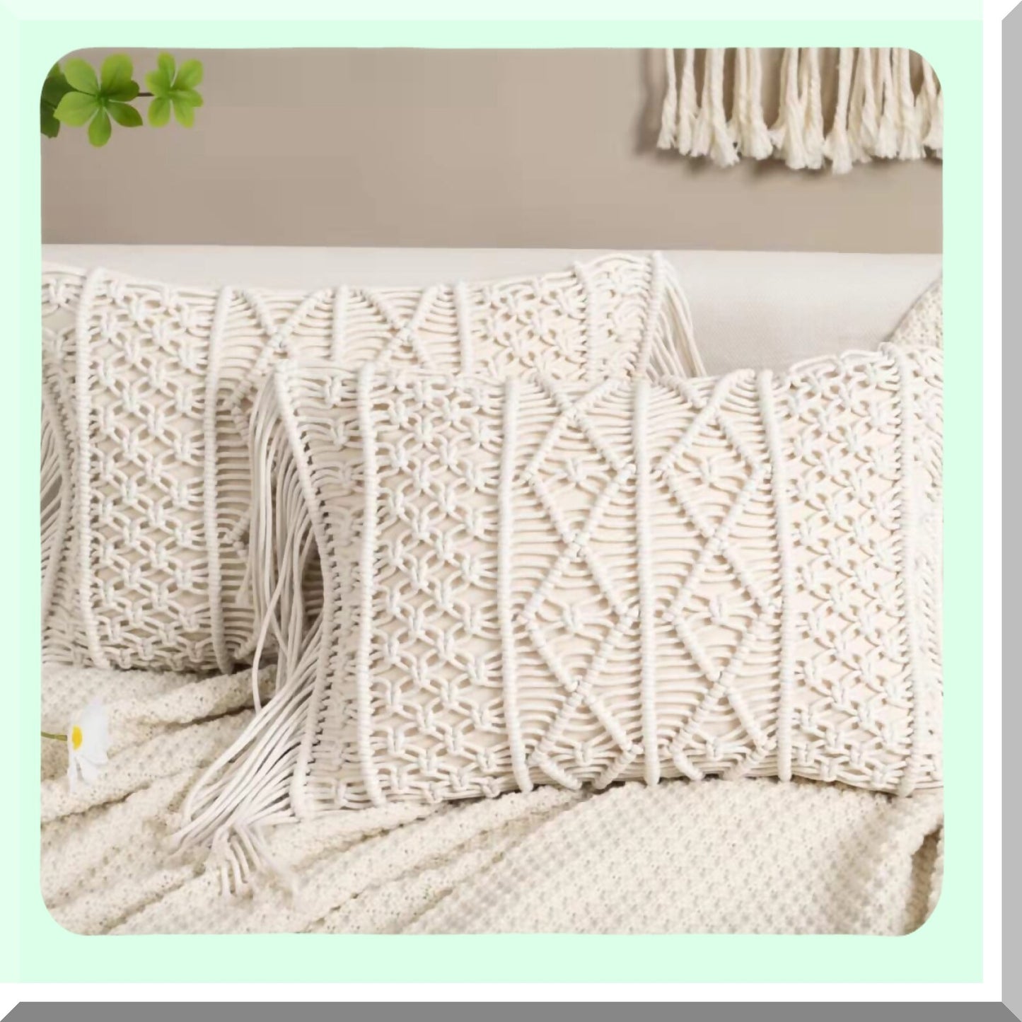 Boho Chic Lumbar Pillow Set - 2 Pack Macrame Cushion Covers for Couch, Sofa, Bed, Farmhouse - Decorative Rectangular Throw Pillow Covers for Chair, Dining, Patio, Car - Tassel Design