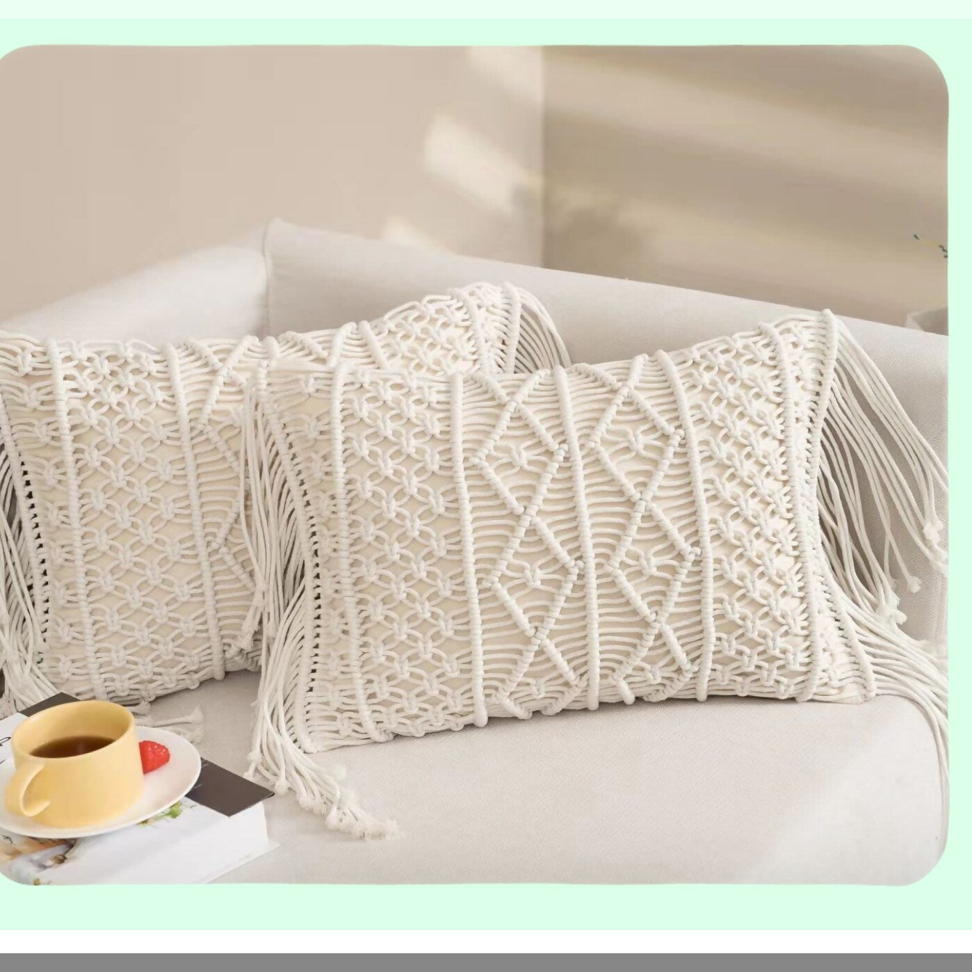 Boho Chic Lumbar Pillow Set - 2 Pack Macrame Cushion Covers for Couch, Sofa, Bed, Farmhouse - Decorative Rectangular Throw Pillow Covers for Chair, Dining, Patio, Car - Tassel Design