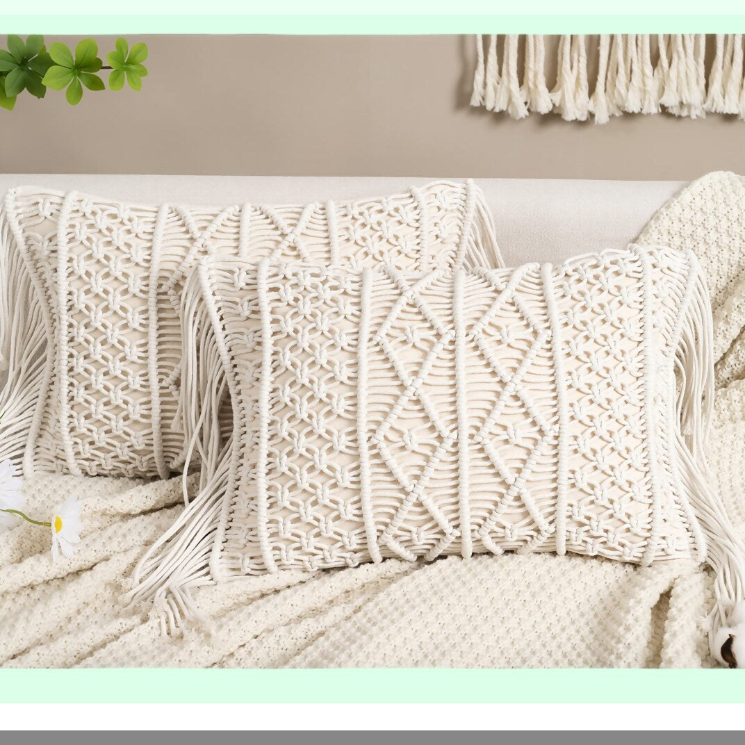 Boho Chic Lumbar Pillow Set - 2 Pack Macrame Cushion Covers for Couch, Sofa, Bed, Farmhouse - Decorative Rectangular Throw Pillow Covers for Chair, Dining, Patio, Car - Tassel Design