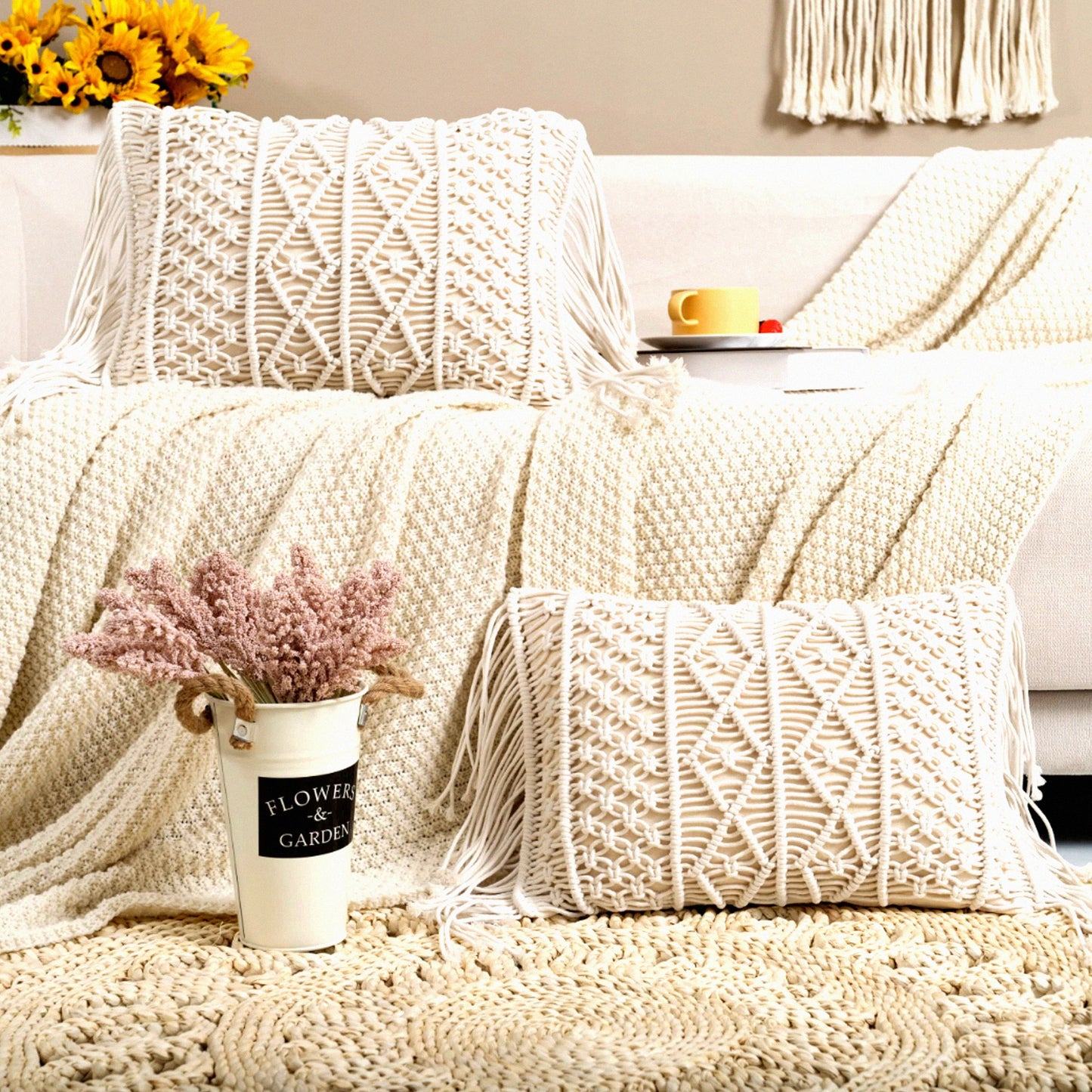 Boho Chic Lumbar Pillow Set - 2 Pack Macrame Cushion Covers for Couch, Sofa, Bed, Farmhouse - Decorative Rectangular Throw Pillow Covers for Chair, Dining, Patio, Car - Tassel Design